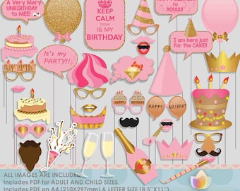 Glitter Gold Pink Birthday Party Photo Booth Props