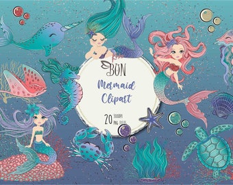 Adorable Mermaid Clipart, Graphics, Watercolor Mermaid, Underwater Party