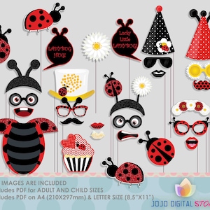 May include: A collection of ladybug-themed photo booth props in red, black, and white. Includes glasses, mustaches, lips, hats, and ladybug cutouts. The text "Lucky Little Ladybug!" and "Ladybug Hug!" are visible.