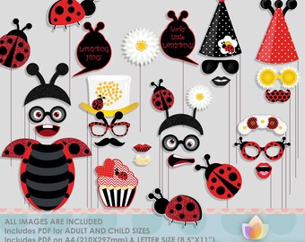 Puede incluir: Una colección de accesorios para fotomatón con temática de mariquita en rojo, negro y blanco. Incluye gafas, bigotes, labios, sombreros y recortes de mariquitas. El texto "Lucky Little Ladybug!" y "Ladybug Hug!" son visibles.