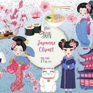 Traditional Japanese Kimono Geisha Clipart, Graphics, Watercolor Cherry Blossom, Japanese Party