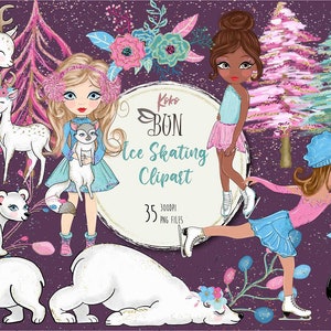 Eislaufen Clipart, Grafik, Aquarell Wintertiere, Wald Tiere Eislaufen Party