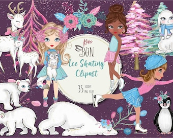 Ice Skating Clipart, Graphics, Watercolor Winter Animals, Woodland Animals Ice Skating Party