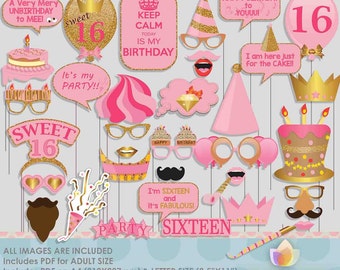 Glitter Gold Pink 16th, sixteenth Birthday Party Photo Booth Props