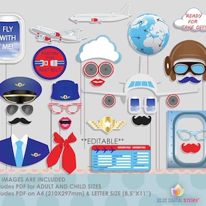 Editable Airplane Photo Booth Props for Aviator Pilot Party