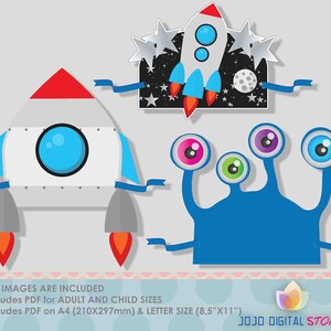 May include: Printable party props featuring a rocket ship, a blue alien with three eyes, and a space-themed background. The images are available in adult and child sizes, and in both letter and A4 paper sizes.  The text "JOJO DIGITAL STORE" is included in the image.
