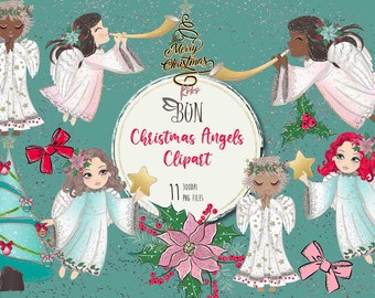 Christmas Angels Clipart, Graphics, Aquarel Kerst, Kerstfeest