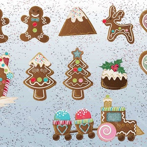 K&ouml;nnte beinhalten: Eine Sammlung von Lebkuchen in verschiedenen Formen, darunter ein Lebkuchenhaus, ein Lebkuchenmann, eine Lebkuchenfrau, ein Lebkuchenbaum, ein Lebkuchenberg, ein Lebkuchen-Rentier und ein Lebkuchenzug. Die Lebkuchen sind mit buntem Zuckerguss und Streuseln verziert.