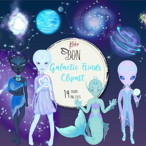 Galactic Friends Clipart, Graphics, Watercolor Extratrestrials, Alien, Galaxy, Planet Party