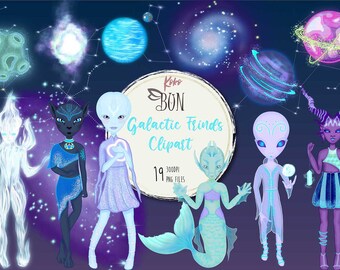 Galactic Friends Clipart, Graphics, Aquarel Extratrestrials, Alien, Galaxy, Planet Party