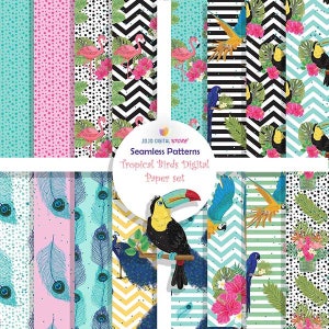 Op de afbeelding: Een digitaal papierpakket met 12 naadloze patronen met tropische vogels, bloemen en geometrische ontwerpen. De patronen omvatten roze flamingo's, toekans, papegaaien, pauwenveren en hibiscusbloemen. De patronen zijn in verschillende kleuren, waaronder roze, blauw, groen, geel en zwart.