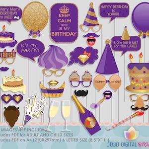 Glitter Gold Purple Birthday Party Photo Booth Props