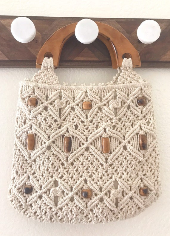 Boho Crochet Macrame Purse With Beaded Trim And W… - image 1