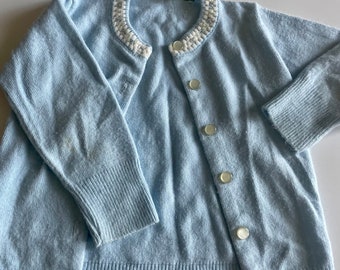 Vintage Baby BlueCardigan Sweater With Flower Detail Button Closure