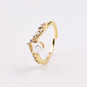 Custom Handmade 1pcs Dainty 18kt Gold Filled Geometry Zircon Wishbone Stacker Natural Freshwater Pearls Opening Ring Stylish Boutique Brands