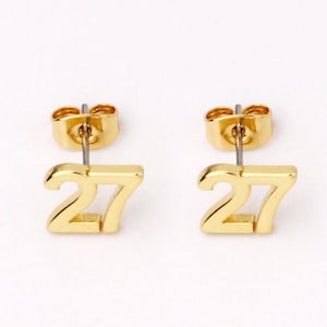 Custom, 1 Pair 18kt Gold Filled Cute Age 27 Ear Studs Earrings, Number Earrings, Age Studs 10x8mm Lightweight Minimal, Brands Boutique
