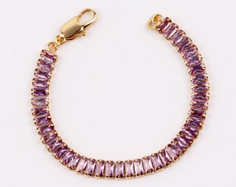 Custom Handmade 1pcs Delicate 18K Gold Filled Rectangle Purple Cubic Zirconia Baguette Chain Link Bracelet , Lobster Clasp, Minimal Stylish