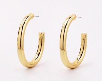 Handmade Dainty Oval 18K Gold Filled Ear Studs Hoop Earrings, 1 Pair 42x57mm Height Lightweight Minimal Stylish for Brands Boutique Custom