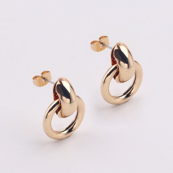 Handmade 1 Pair 16K Gold Plated Double Hoops Rings Ear Studs Chunky Round Tube Hoop Earrings Charm Lightweight Elegant Boutique Brands