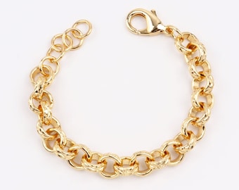 May include: A gold chain bracelet with a textured design. The bracelet has a lobster clasp closure.