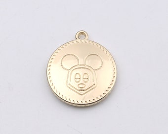 Custom Handmade 1pc 14K Yellow Gold Filled Round Mickey Mouse Carve Charm Pendants Dangles 19mm Dia. Minimal Custom 0102-2304-1