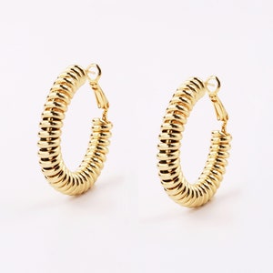 May include: A pair of gold hoop earrings with a coiled design. The earrings are made of metal and have a simple, elegant style.