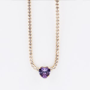 Custom Handmade 1pcs Dainty 18K Gold Filled Round Zircon Chain Natural Birthstone Heart Purple Gem Link  Necklace, Lobster Clasp, Minimalism