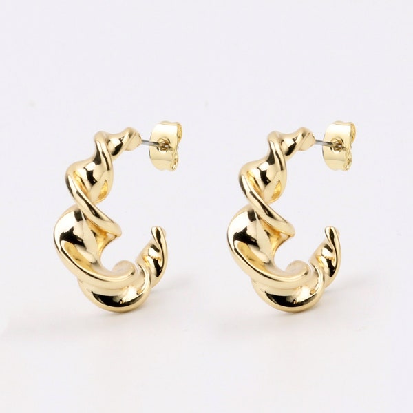 Custom Handmade 1 Pair Dainty 24.2mm 18kt Gold Filledo Rund Chunky Twisted Waves Hoops Earrings, Minimum Fashion Boutique Brands Supplier