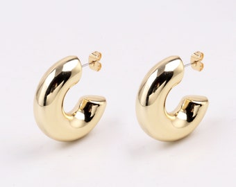 Custom Handmade 1 Pair Dainty 18kt Gold Filled Bold Thick Chunky C Shape Smooth Hoop Earrings Minimal Stylish Style Female Boutique Brands