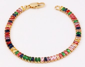 Handmade Custom 1pcs Delicate 18K Gold Filled 4.7mm Rainbow Cubic Zirconia Stone Bracelet, Lobster Claw Clasp, Link Bracelet, Minimalism