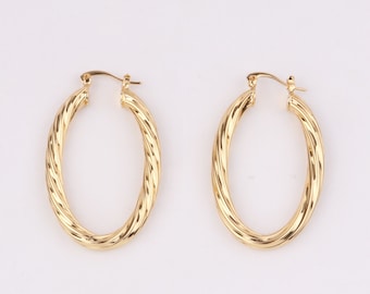 Handmade Dainty Twisted Oval 18kt Gold Filled Hoops, 1 Pair 49mm Height Lightweight Minimal Stylish for Brands Boutique Custom Made By EU