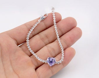 Custom Handmade 1pcs Dainty Sterling Silver Round Zircon Natural Birthstone Heart Amethyst Gem Chain Link Bracelets, Lobster Clasp, Minimal