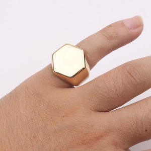 Custom 1pcs 24K Gold filled Brass Thick Bold Chunky Open Adjustable Signet Hexagon Rings, Signet Ring Blanks Bases, Engraving Settings