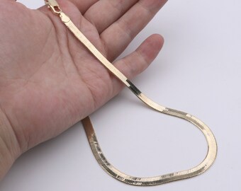 Handmade Custom, 1pcs 18K Gold Plated 5mm Thick Flat Snake Chain Necklace, Link Choker Necklace, Lobster Clasp, Dainty Layering