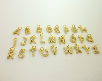 Genuine Gold Filled Small 26 Uppercase Letters Initials Personalize Custom Lovers&#39; Name, Pave Clear CZ Solid Brass Cast Genuine Yellow Gold