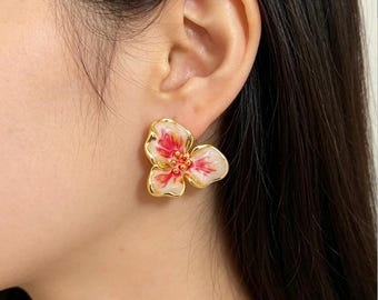UNIQUE! Artisan Painting. Custom & Handmade Gold Filled Pink Oil-Dripping Flowers Earrings Factory For Brands Boutique