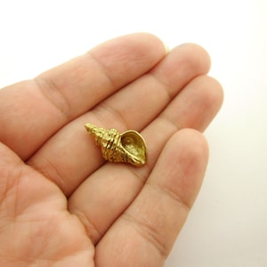 Puede incluir: Un amuleto de concha de mar de color dorado, con una superficie detallada y texturizada, se sostiene en la mano de una persona.