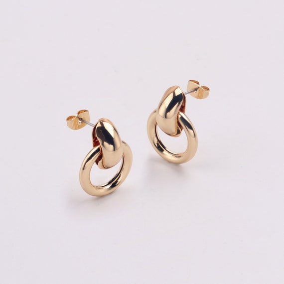 Handmade 1 Pair 16K Gold Plated Double Hoops Rings Ear Studs