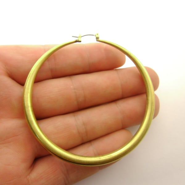 One Pair Handcrafted Raw Brass Large 70mm Chic Stylish Round Tube Lightweight Hoop Earrings, Boho Chunky, Lead Free Limited Stock 0801-2027