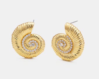 Pendientes de concha de circonita blanca rellenos de oro, hechos a mano y personalizados, de fábrica para marcas boutique.