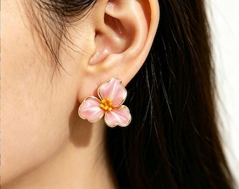 UNIQUE! Artisan Painting. Custom & Handmade Gold Filled Elegant Pink Three-Petaled Flowers Earrings Factory For Brands Boutique