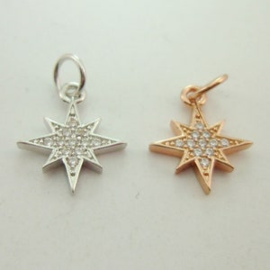 Rose Gold and White Gold Hand Pave Zircons Small 8 Pointed Star Pendants Charms, Solid Cast Brass Genuine Gold Large Hole, 0102-2038-3,4