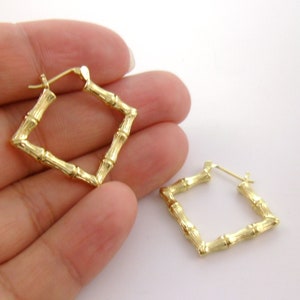 Handmade* 1 Pair Minimal 14k Gold Square Bamboo Hoop Earrings 30X28mm, Brass Cast Genuine Gold Plated High Quality Brass, Custom Order