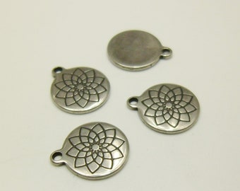 10pcs Stainless Steel Lotus Flower Round Charm Pendants Classic Vintage Nickle Lead Free 12mm 0602-0201