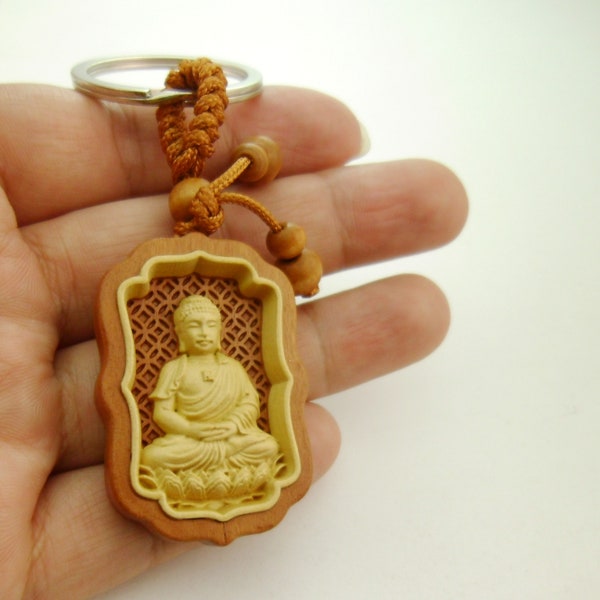 Handmade and Unique Gifts* Natural Wood Inlay Buddha Key Chains, Lucky and Blessed, Gifts for the Men You Love 3007-0003
