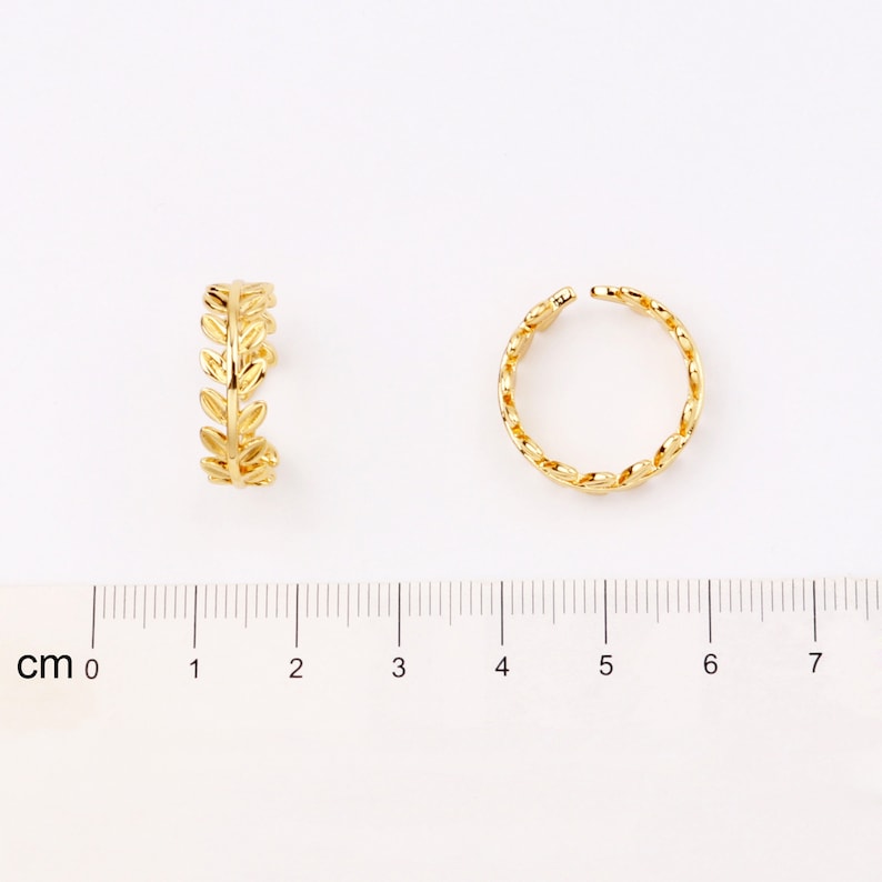 以下が含まれることがあります： 葉の形をした金のリングが2つ。リングの直径は約2cmです。