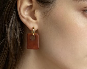 Custom & Handmade Gold Filled Brown Acrylic Square Earrings Factory For Brands Boutique