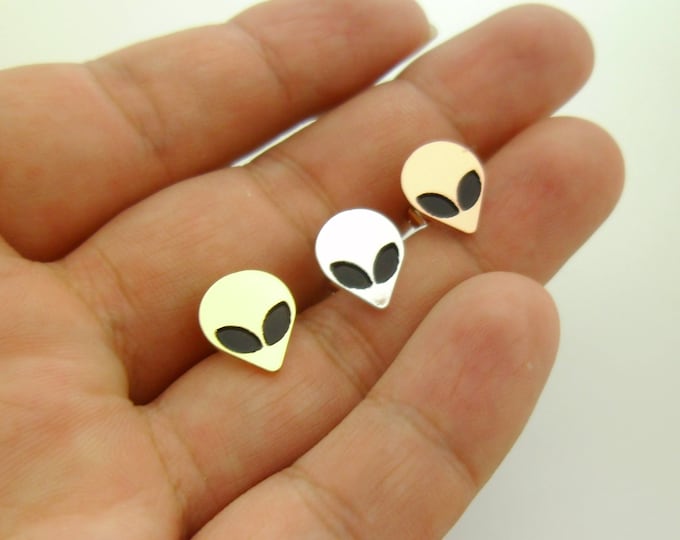 Handmade & Unique Gifts* 4pcs Dainty Cool Alien Gold, Silver and Rose Gold Stud Earrings Geek Shic Gifts UFO Outsapce