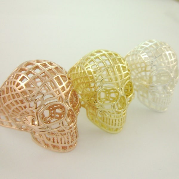 1pcs Genuine 14K Gold, Silver, Rose Gold Handcrafte Hollow Skull Ring US Size 12 0106-2002-123