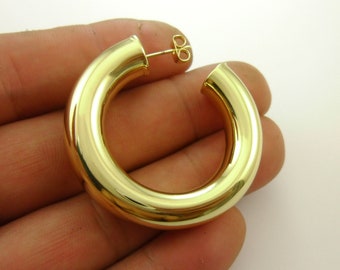 1 Pair Handmade Dainty 9mm Thick Chunky Round Bold Genuine 14kt Gold Plated Hoop Earrings Lightweight, Available for Gold Filled Factory